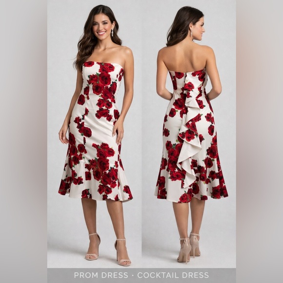 Social Code Dresses & Skirts - Social Code Strapless Rose Print Ruffle Dress Size 13 Romantic